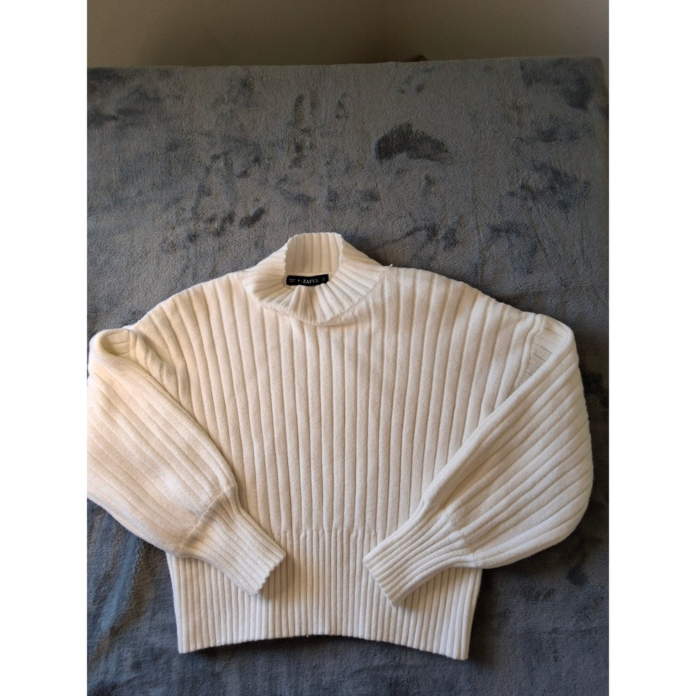 Zaful Women Ivory‎ Ribbed Mock Neck Balloon Sleeve Knit Crop Sweater Size US 4